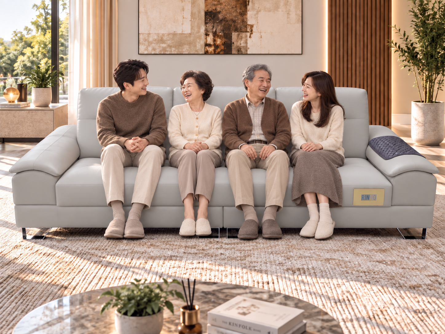 소파에 함께 앉아 대화하는 가족의 공간 연출 이미지